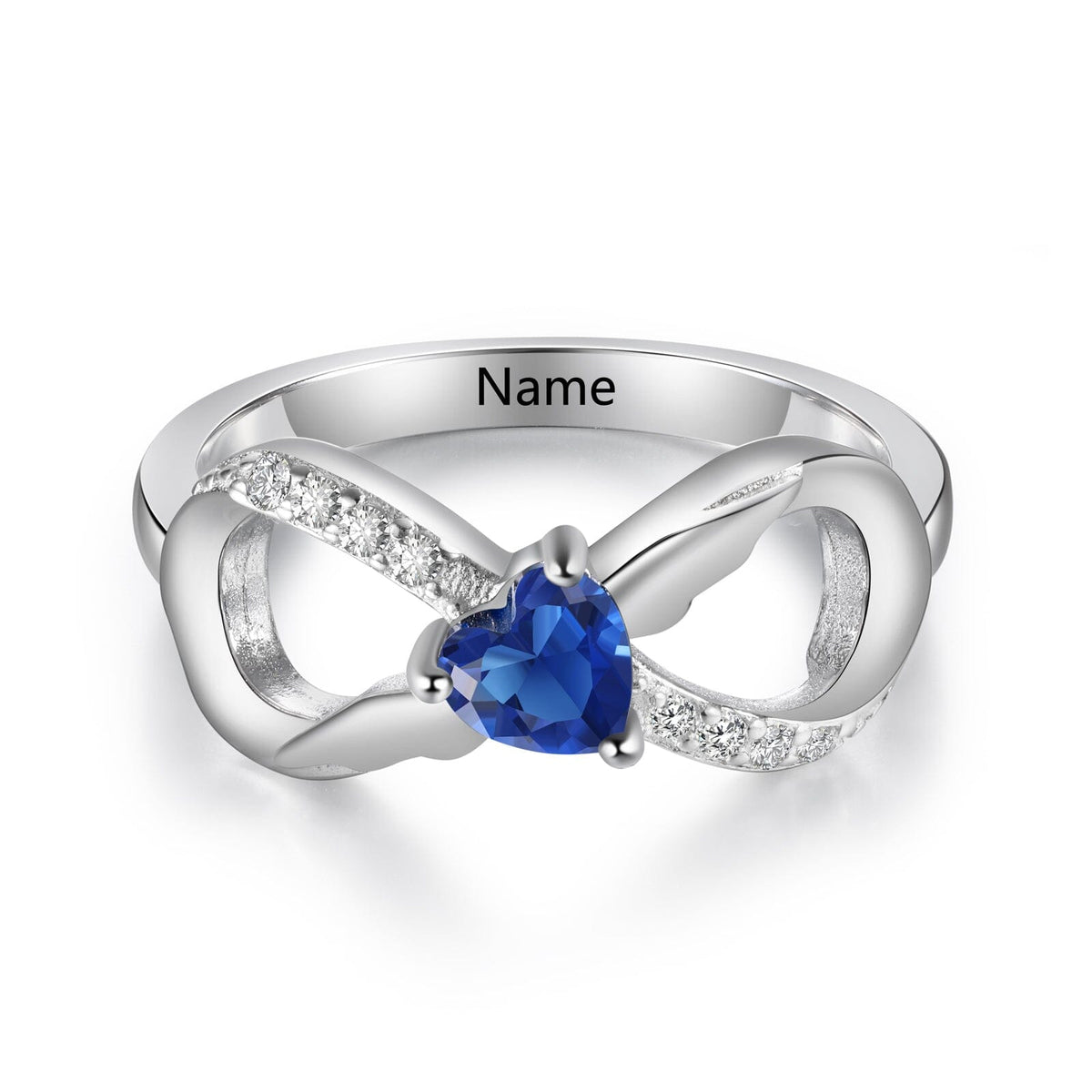 Sterling Silver Angel Wings Center Infinity 1 Heart Birthstone Ring with Accents and Engraving