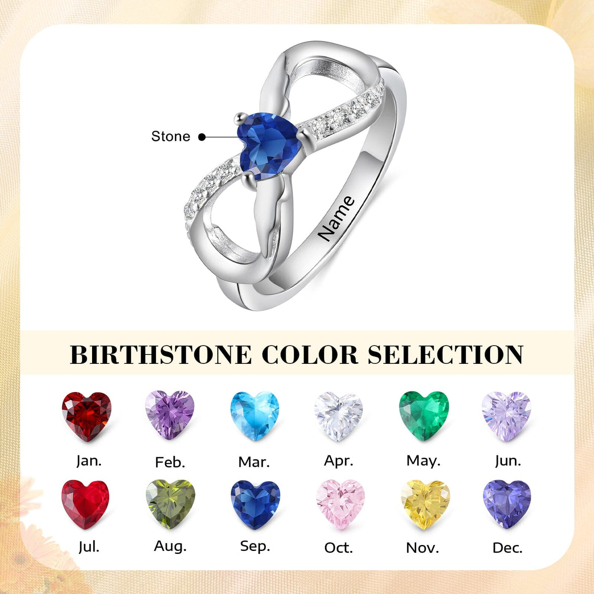 Sterling Silver Angel Wings Center Infinity 1 Heart Birthstone Ring with Accents and Engraving