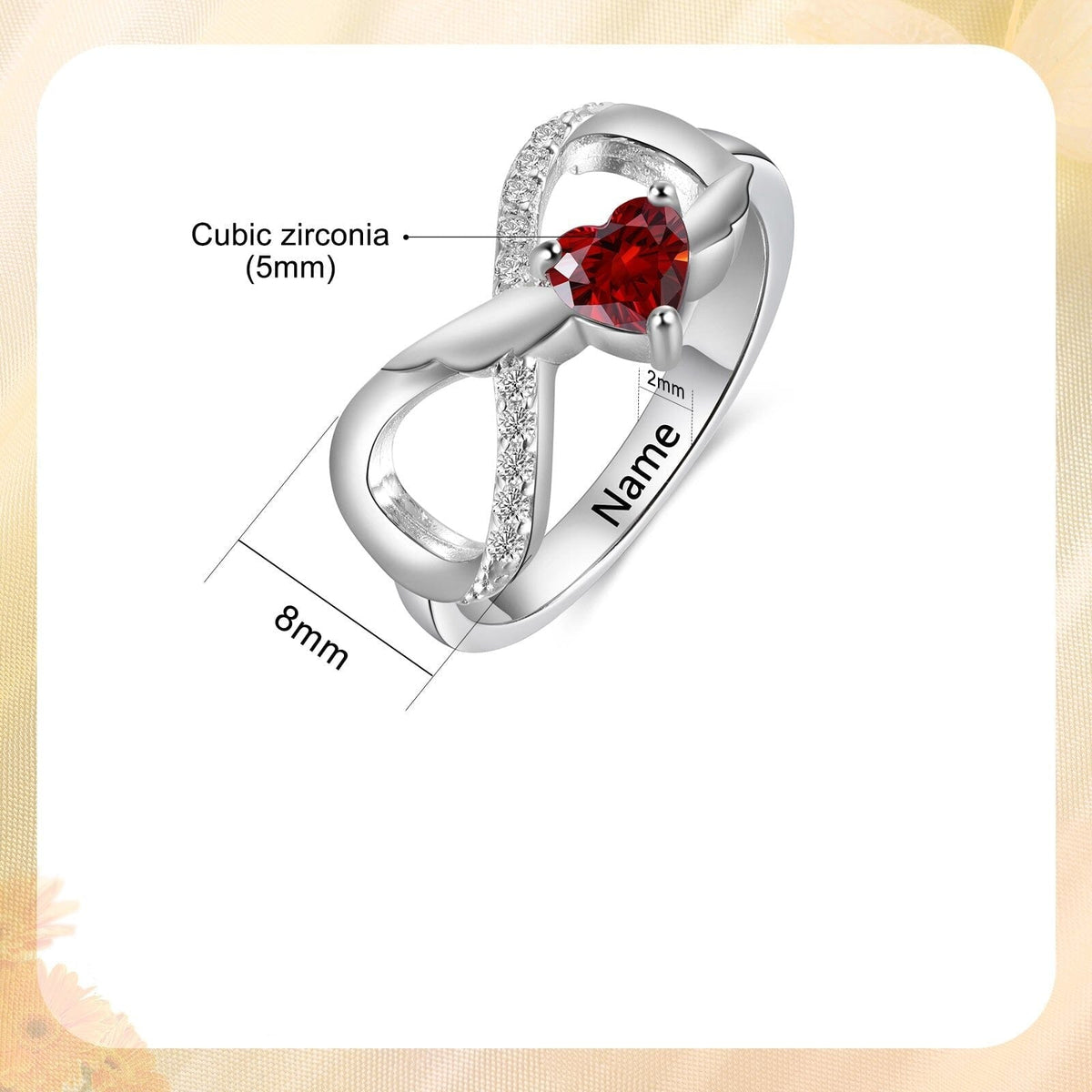 Sterling Silver Angel Wings Infinity 1 Heart Birthstone Ring with Accents and Engraving