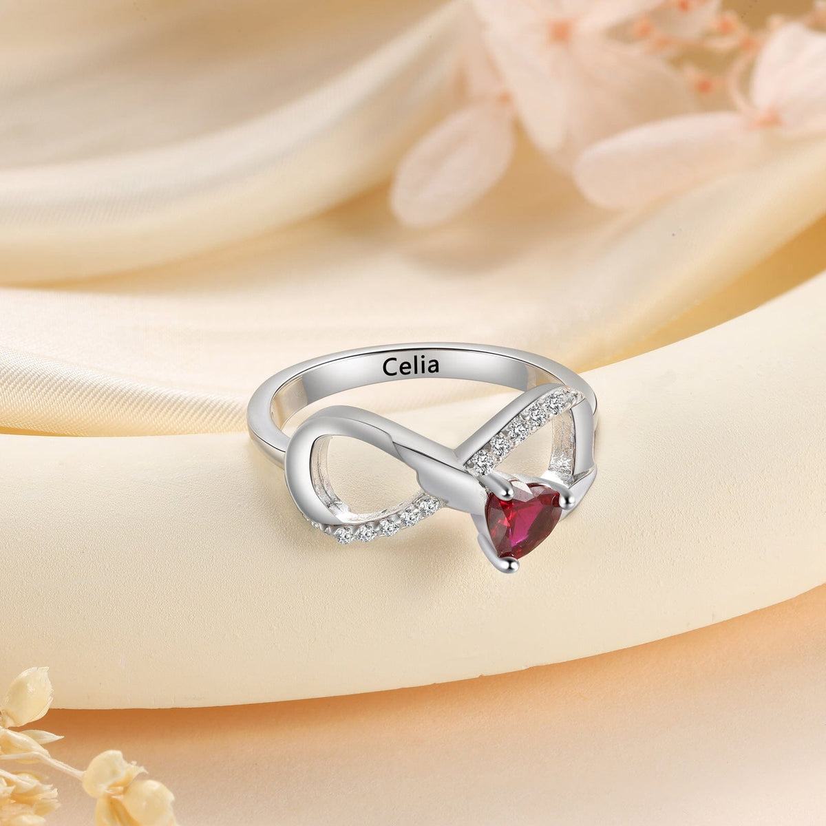 Sterling Silver Angel Wings Infinity 1 Heart Birthstone Ring with Accents and Engraving