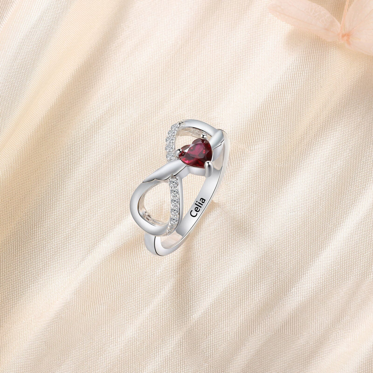 Sterling Silver Angel Wings Infinity 1 Heart Birthstone Ring with Accents and Engraving