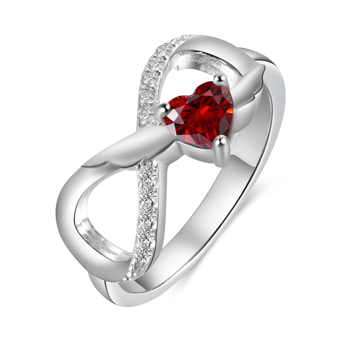 Sterling Silver Angel Wings Infinity 1 Heart Birthstone Ring with Accents and Engraving