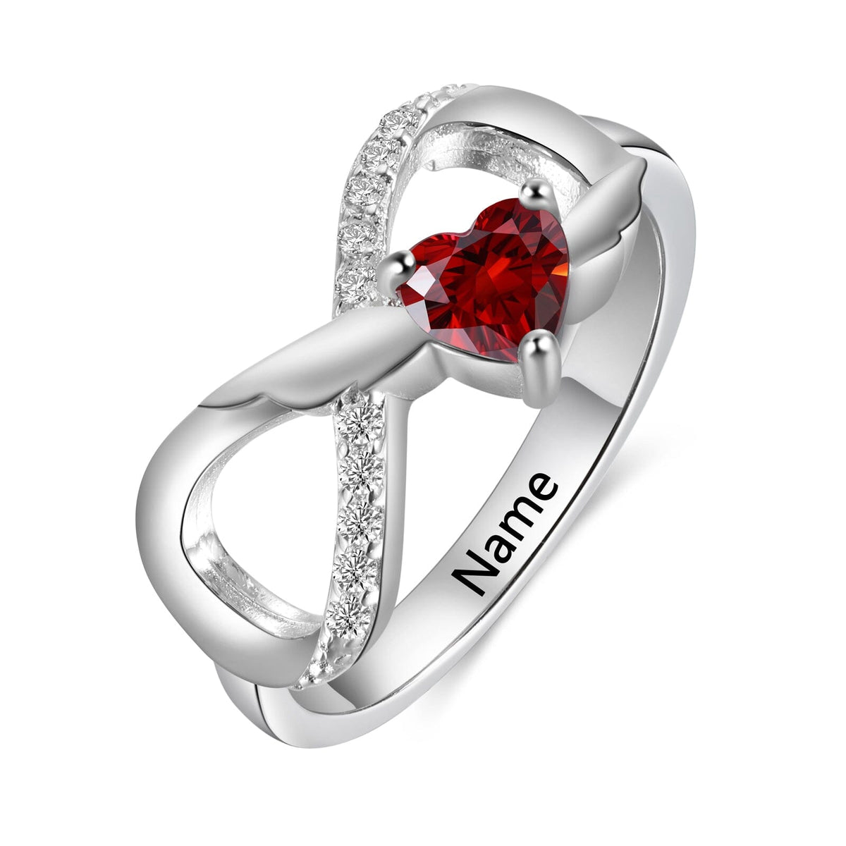 Sterling Silver Angel Wings Infinity 1 Heart Birthstone Ring with Accents and Engraving