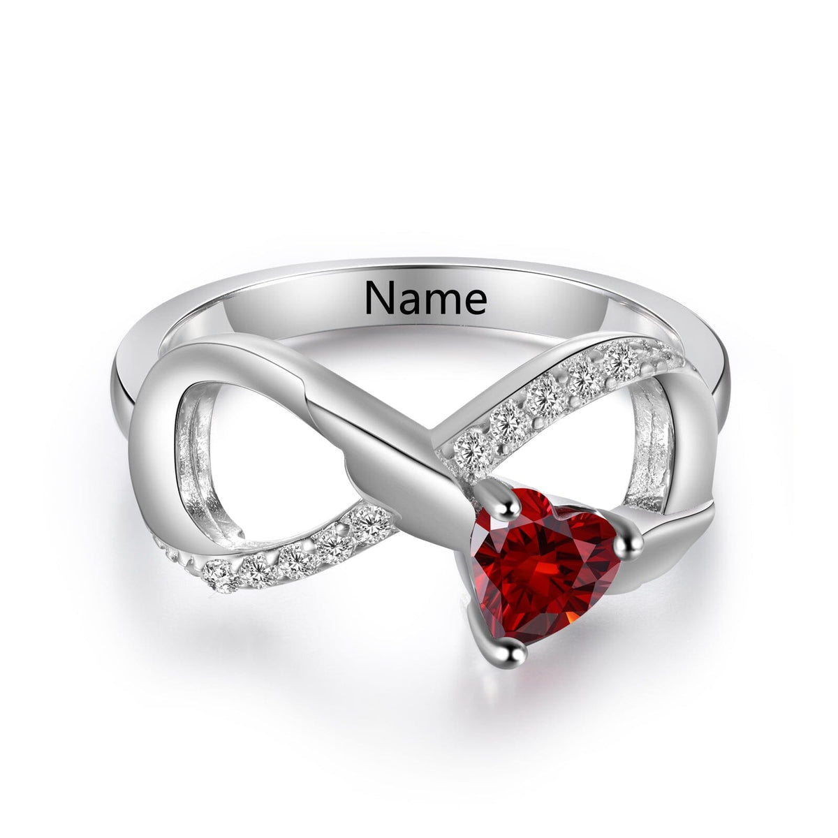 Sterling Silver Angel Wings Infinity 1 Heart Birthstone Ring with Accents and Engraving