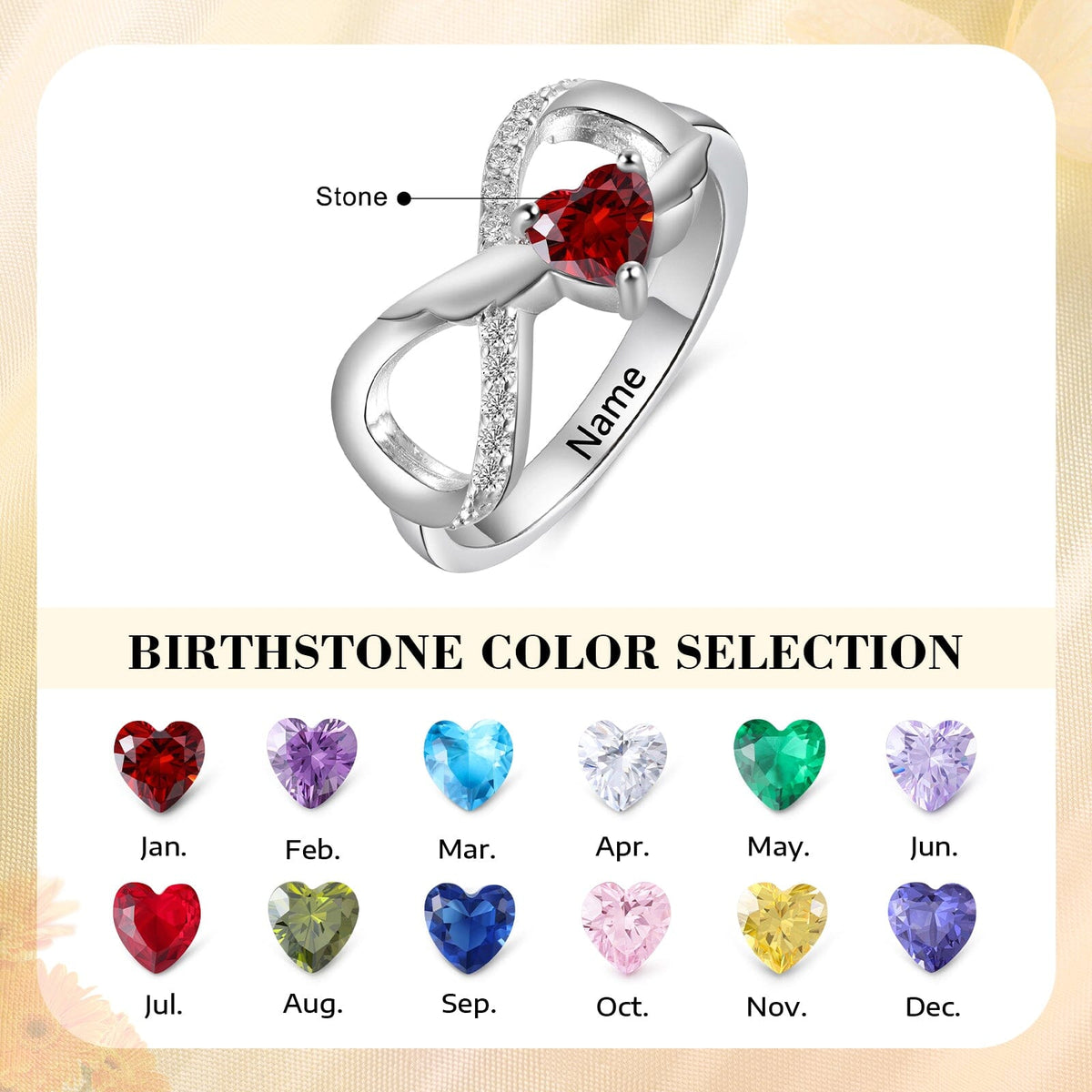 Sterling Silver Angel Wings Infinity 1 Heart Birthstone Ring with Accents and Engraving