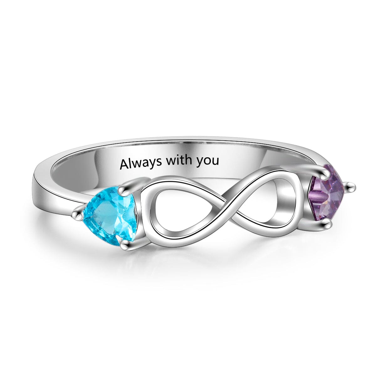 Sterling Silver Infinity Promise Ring with 2 Heart Birthstones and Engraving