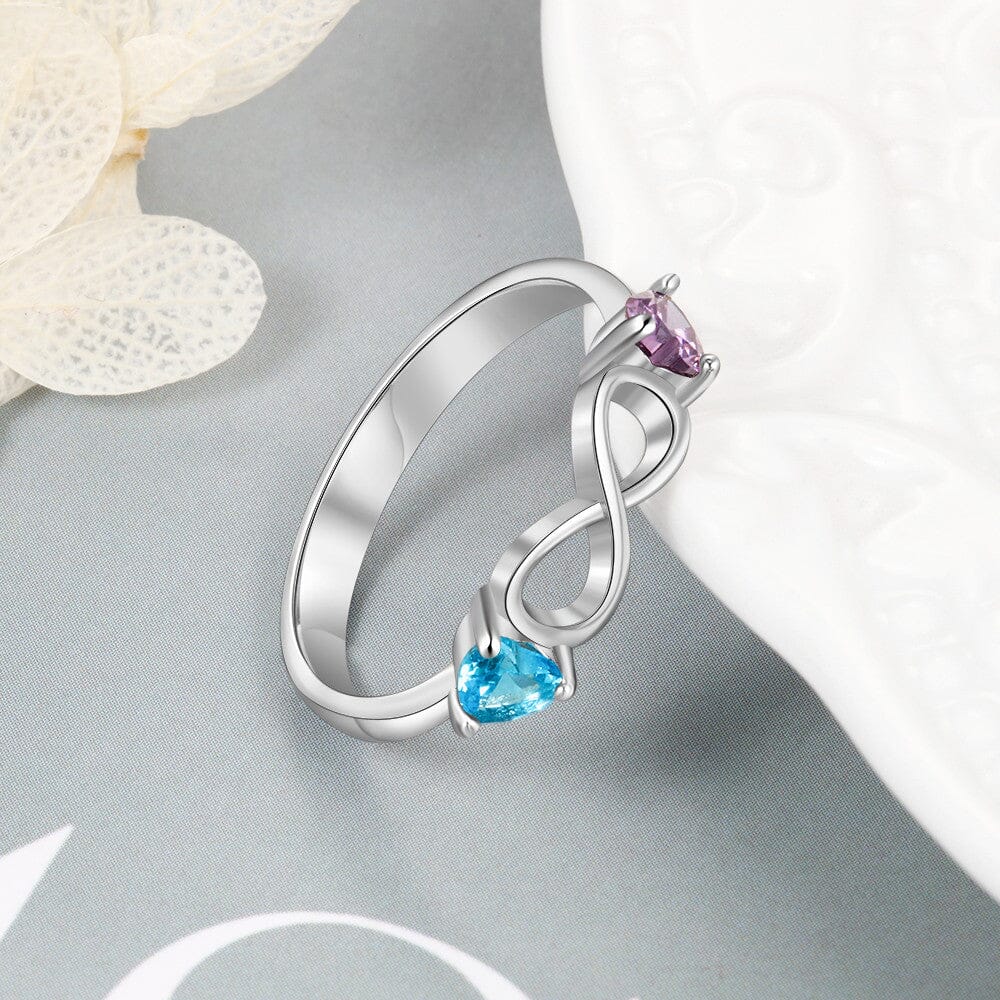 Sterling Silver Infinity Promise Ring with 2 Heart Birthstones and Engraving