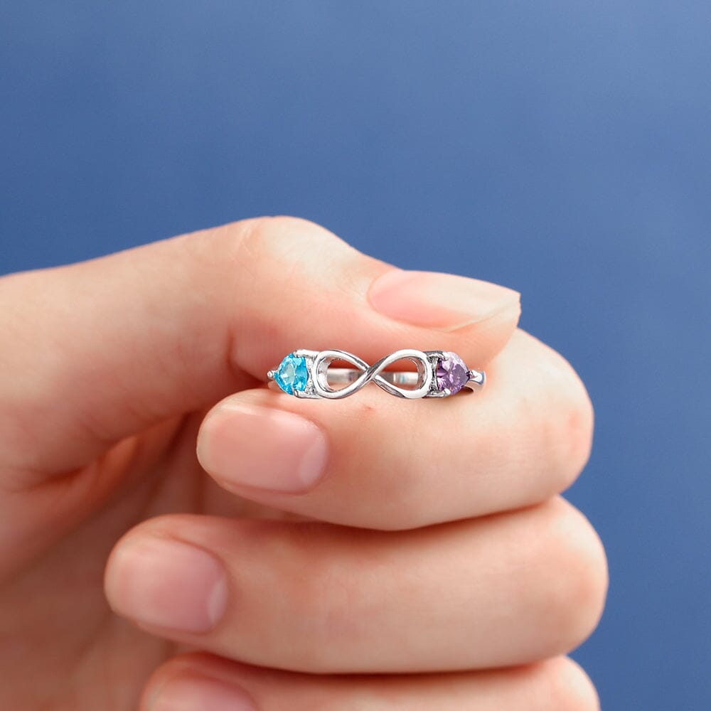 Sterling Silver Infinity Promise Ring with 2 Heart Birthstones and Engraving