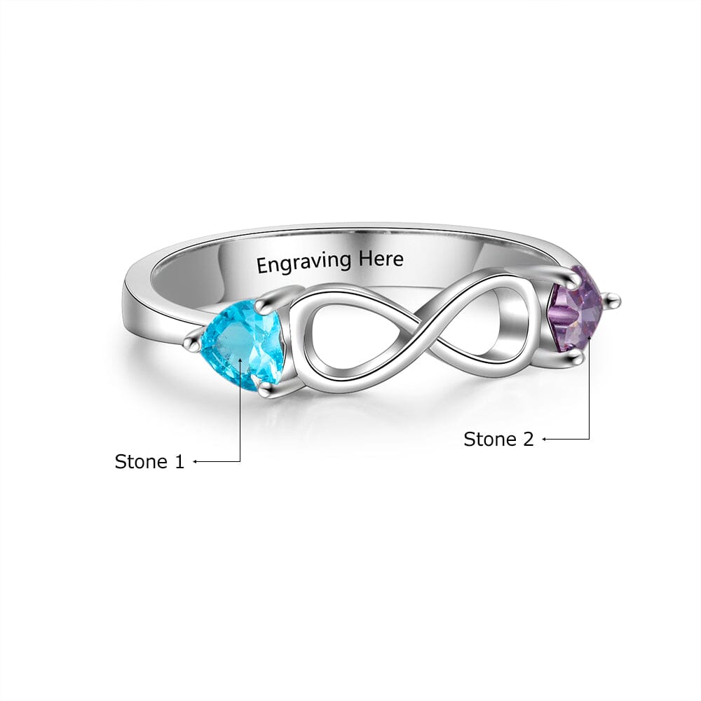 Sterling Silver Infinity Promise Ring with 2 Heart Birthstones and Engraving