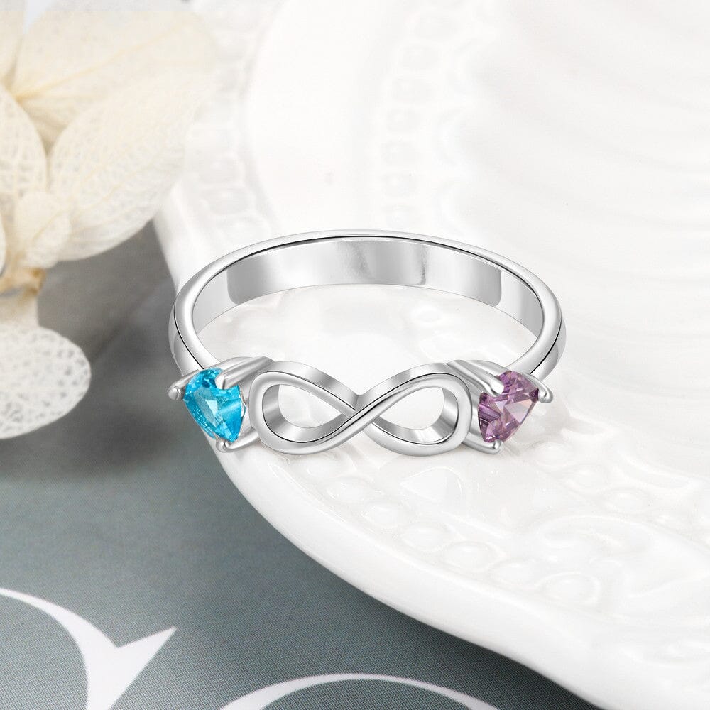 Sterling Silver Infinity Promise Ring with 2 Heart Birthstones and Engraving