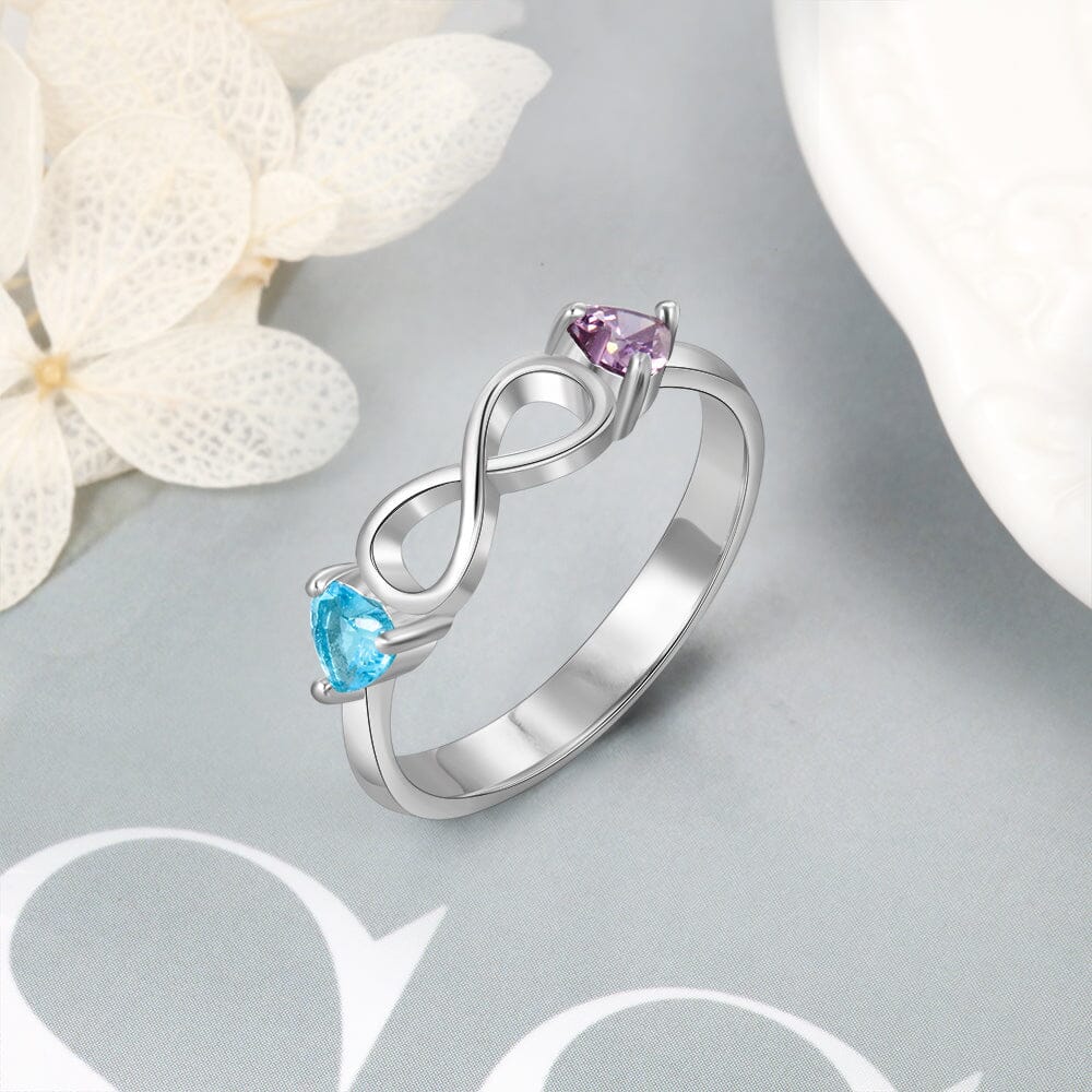 Sterling Silver Infinity Promise Ring with 2 Heart Birthstones and Engraving