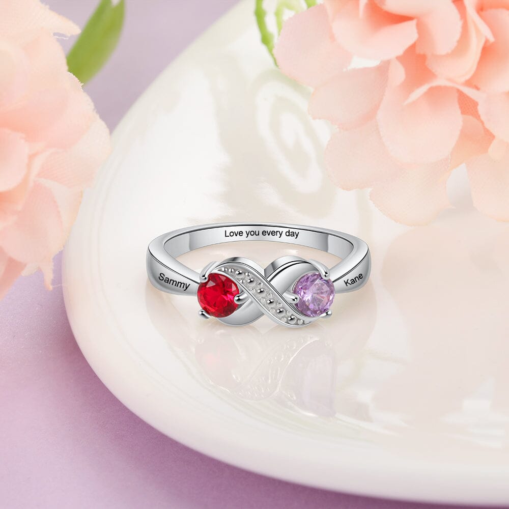 Sterling Silver Infinity Promise Ring with 2 Round Birthstones and Engraving