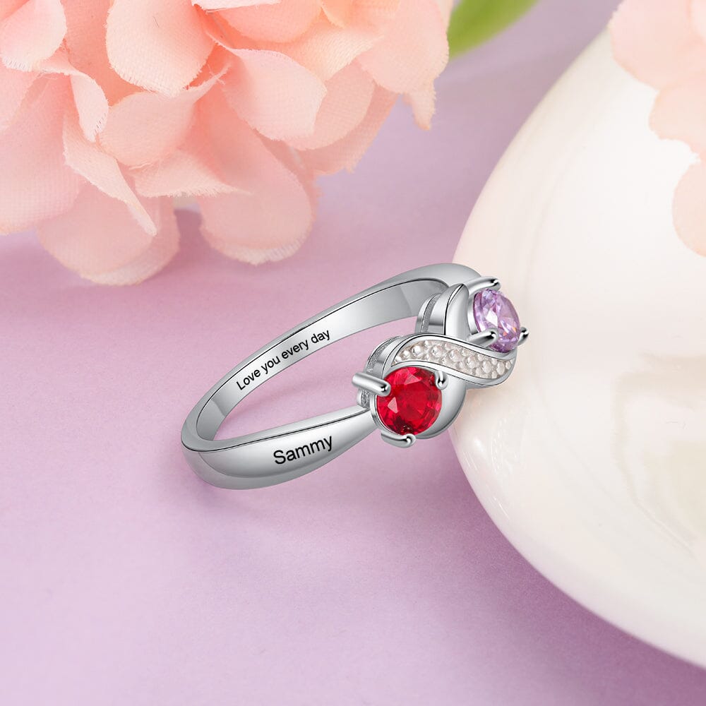 Sterling Silver Infinity Promise Ring with 2 Round Birthstones and Engraving