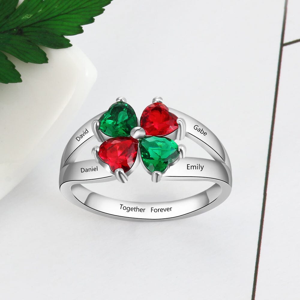 Sterling Silver 4 Heart Clover Mother&#39;s Birthstone Ring