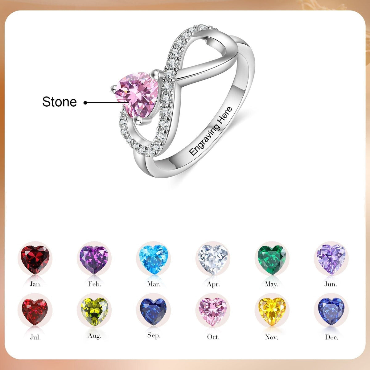 Sterling Silver Infinity Promise Ring 1 Heart Birthstone with Accents and Engraving