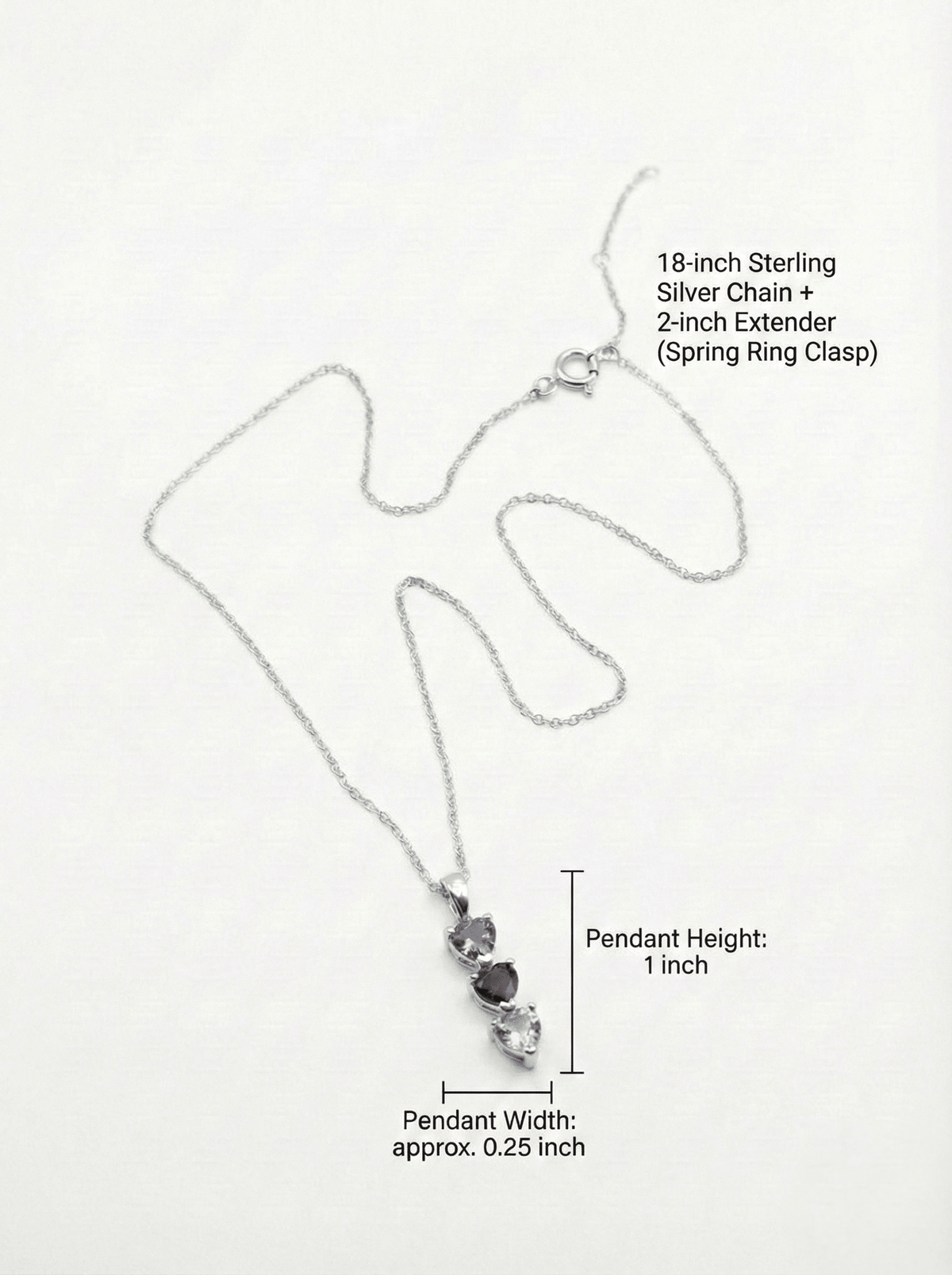 Necklace with three gemstones on a white background, showing chain length and pendant details.