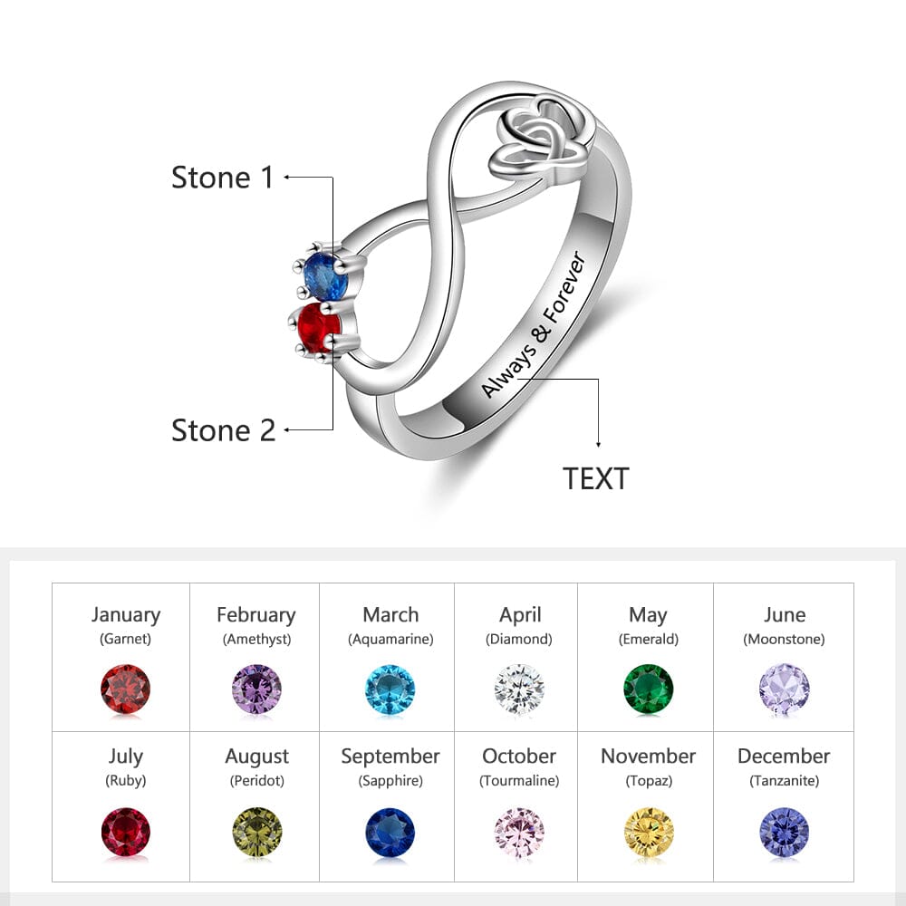 Sterling Silver Infinity Promise Ring with Interlocking Hearts and 2 Round Birthstones