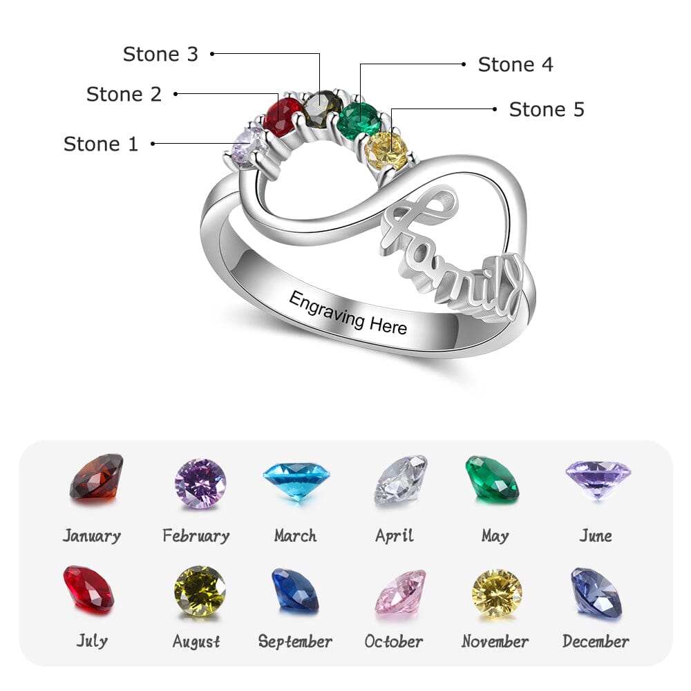 Sterling Silver 5 Round Birthstone FAMILY Mothers Grandmas Infinity Ring