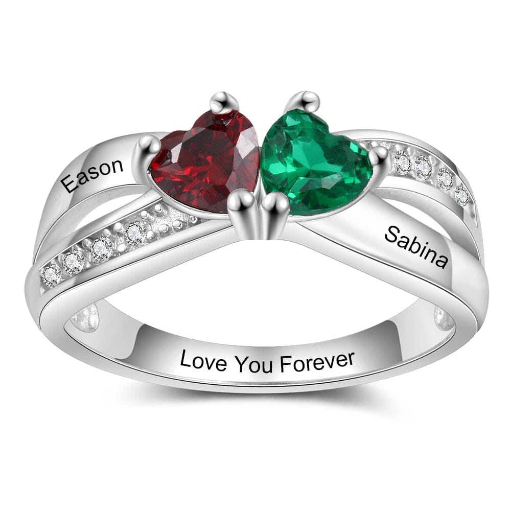 Sterling Silver Promise Ring with 2 Heart Birthstones and Criss Cross with Accents