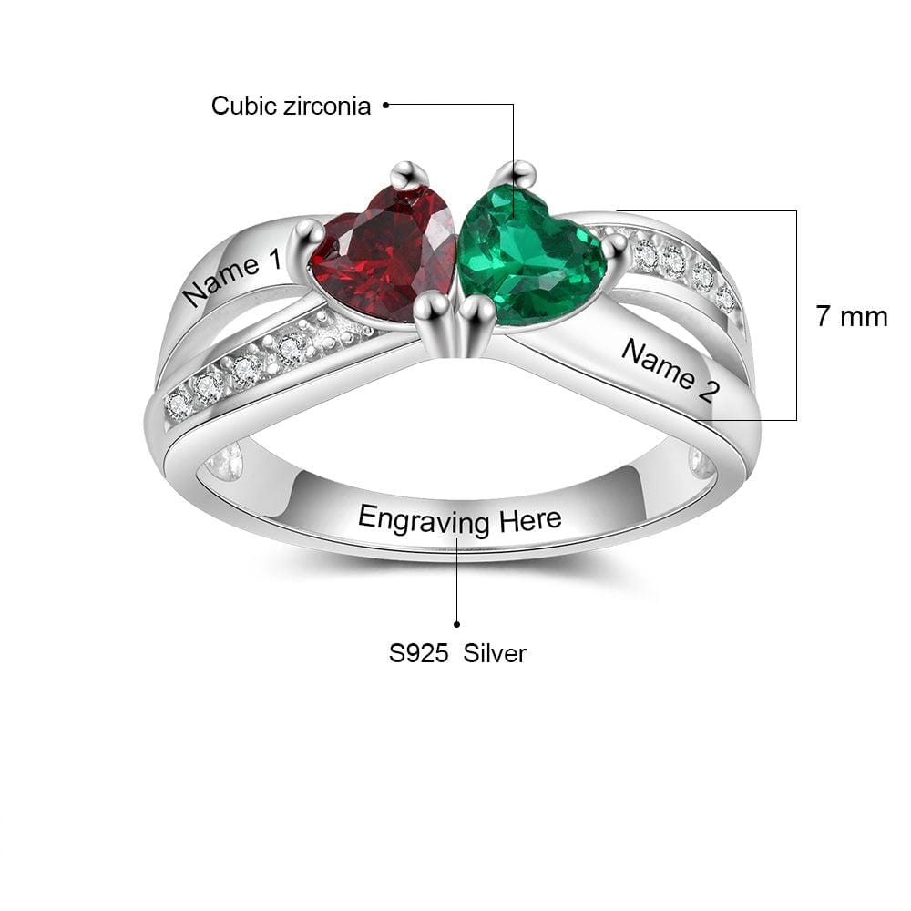 Promise Ring with 2 Heart Birthstones and Criss Cross with Accents