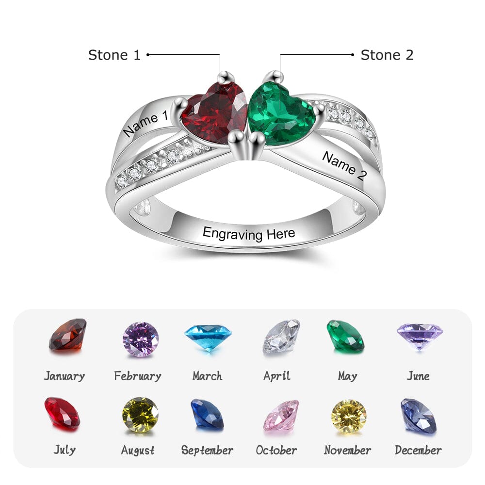 Promise Ring with 2 Heart Birthstones and Criss Cross with Accents