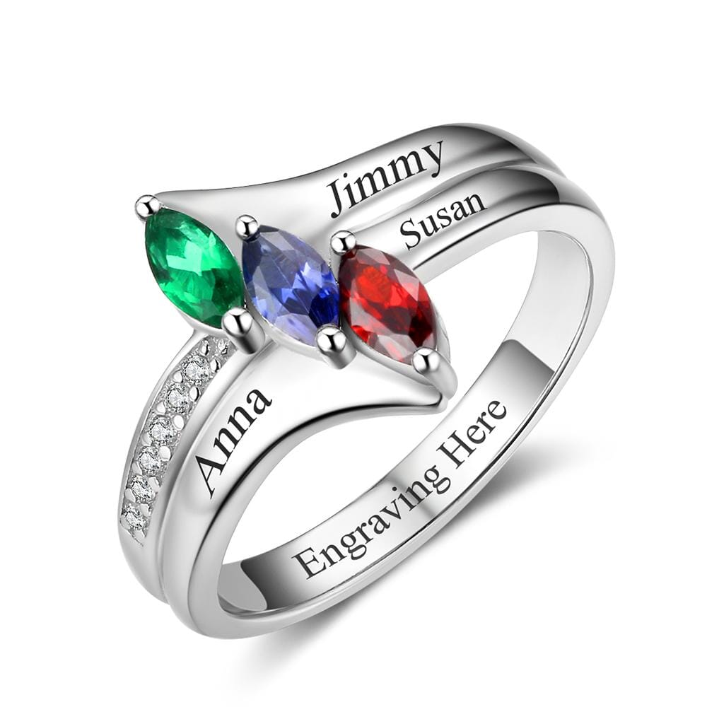 Sterling Silver Mothers Ring with 3 Marquise Birthstones and Engraving