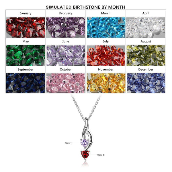2 Birthstone Hearts 2 Names Engraved Necklace - PaulaMax Jewelry