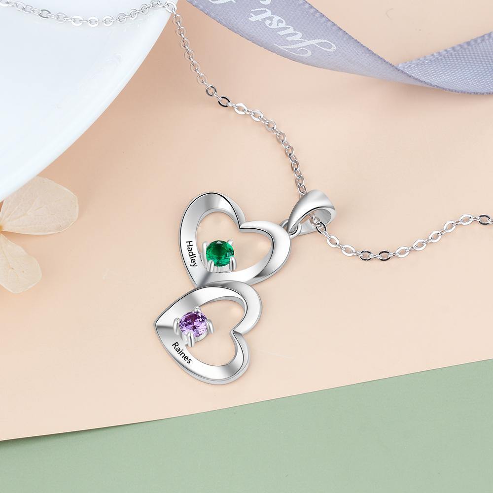 2 Hearts Joined 2 Round Birthstones Necklace_Necklace_2 Name, 2 Stone, Aunt, Daughter, Featured, Girlfriend, Grandma, Heart, Memorial, Mom, Necklace, New, New Baby, No Accents, Round, Wife