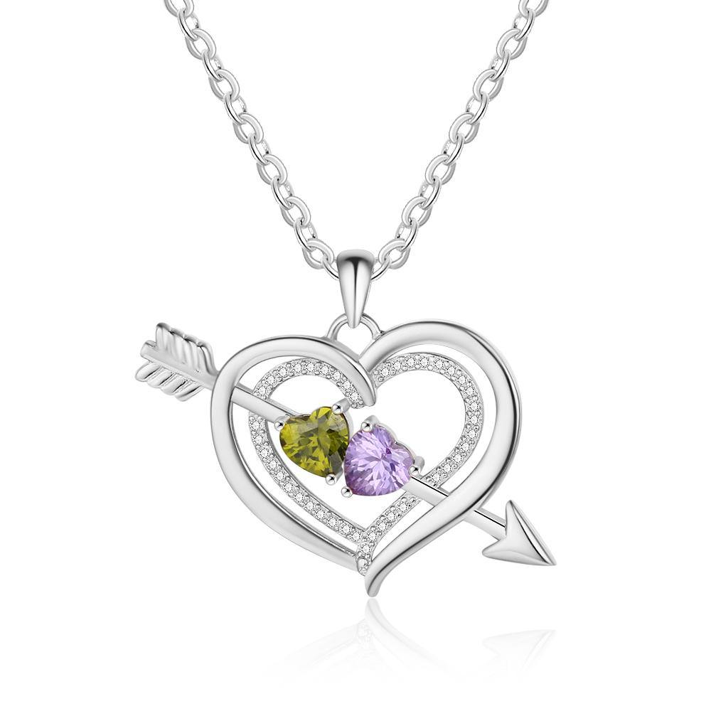 Cupid's Bow and Arrow 2 Heart Birthstones Necklace with Accents_Necklace_2 Name, 2 Stone, Accents, Aunt, Daughter, Featured, Girlfriend, Grandma, Heart, Memorial, Mom, Necklace, New, New Baby, Wife