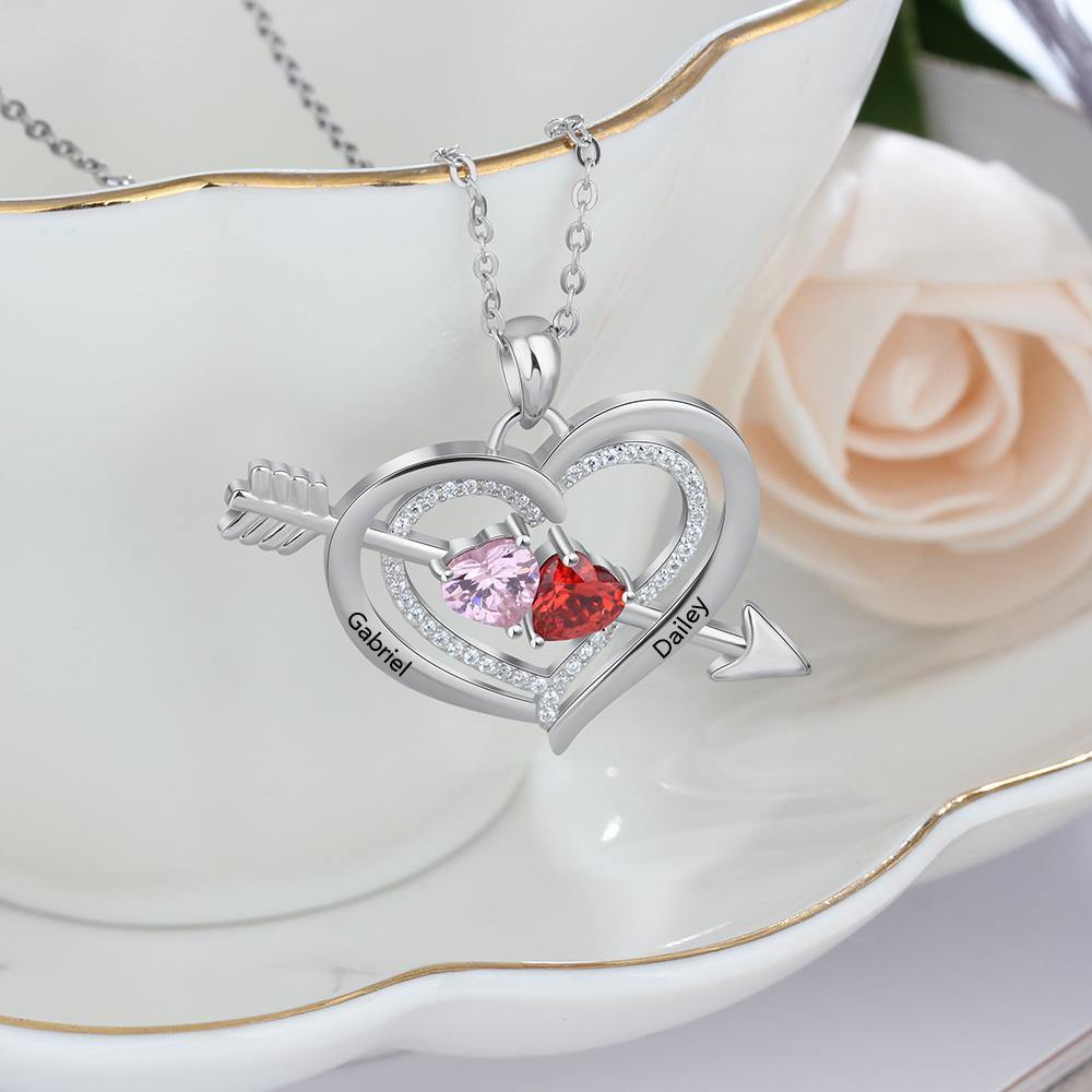 Cupid&#39;s Bow and Arrow 2 Heart Birthstones Necklace with Accents_Necklace_2 Name, 2 Stone, Accents, Aunt, Daughter, Featured, Girlfriend, Grandma, Heart, Memorial, Mom, Necklace, New, New Baby, Wife