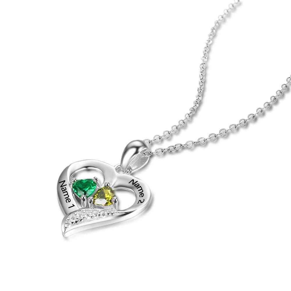 Heart Love Chain Custom Name Necklace - Long Distance Relationship Gift With 2 Birthstones, Sterling Silver