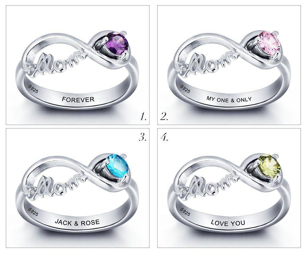 Personalized Infinity Mothers Ring - 1-6 Heart Birthstones, Engraved Name & Date Promise Ring, Gift For Mom Wife