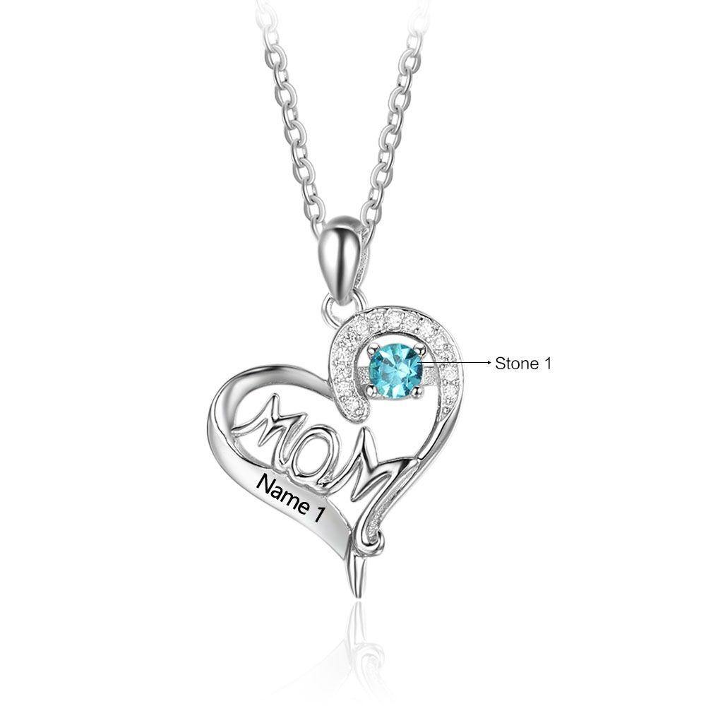 MOM Round Birthstone Necklace with Accents_Necklace_1 Name, 1 Stone, Accents, Aunt, Daughter, Girlfriend, Grandma, Heart, Memorial, Mom, Necklace, New, New Baby, Wife