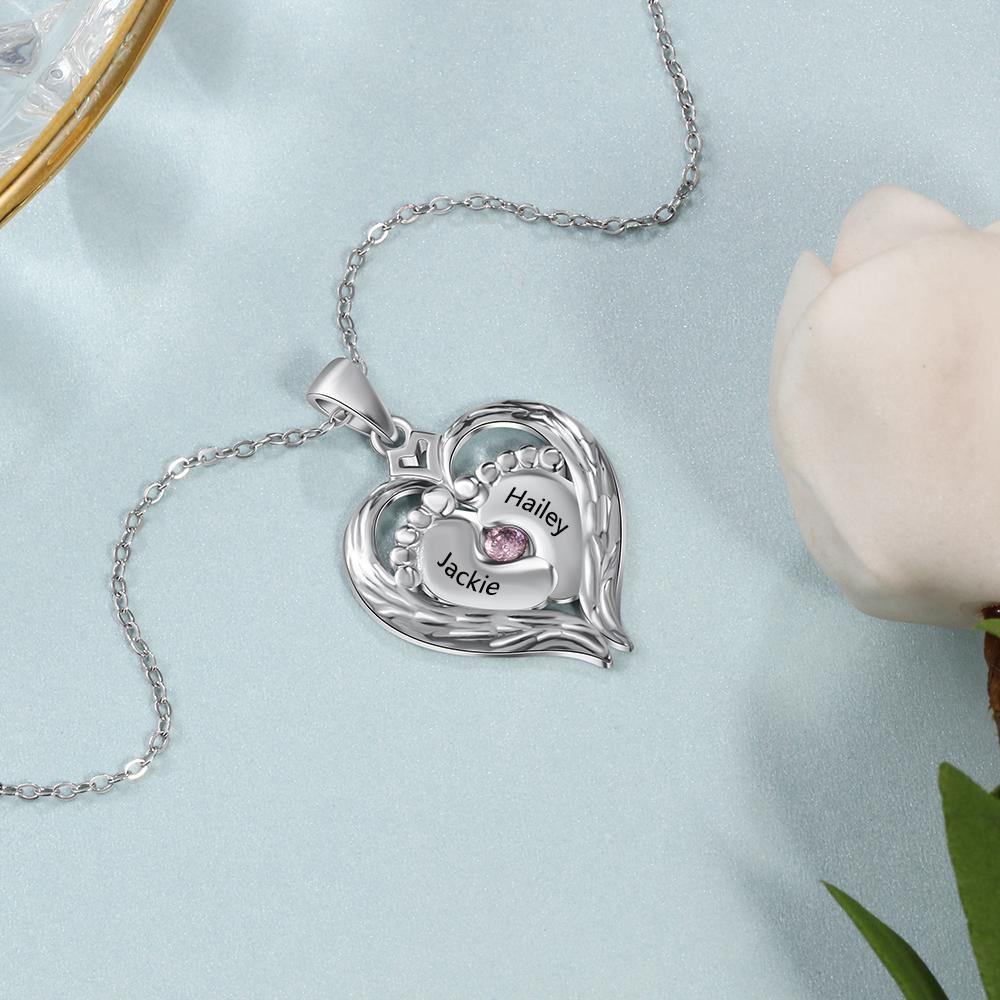 Mother&#39;s Baby Feet Round Birthstone Necklace_Necklace_1 Stone, 2 Name, Aunt, Daughter, Girlfriend, Grandma, Heart, Memorial, Mom, Necklace, New, New Baby, No Accents, Wife