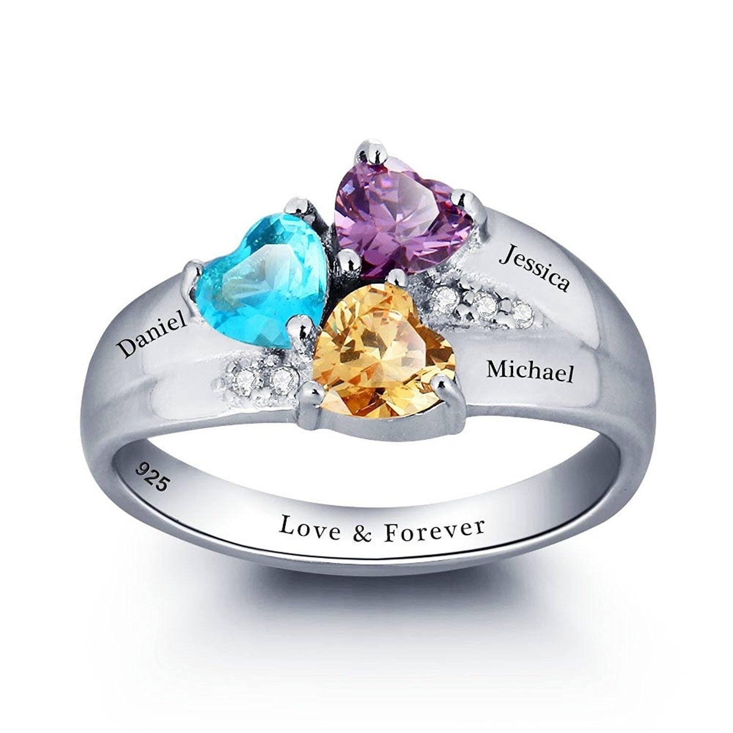 Mothers Ring Birthstone Gold Engraved 3 Stones Personalized Family Kids  Names | eBay