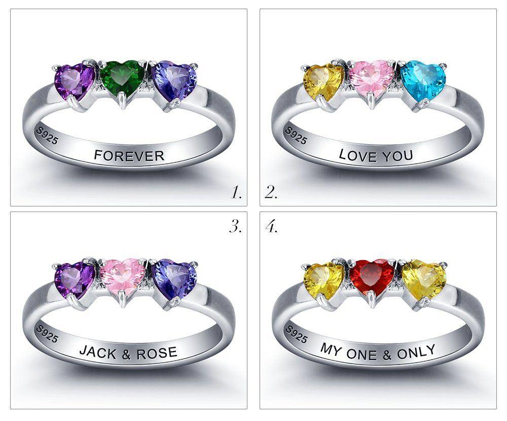 Mothers Ring with 3 Heart Birthstones_Rings_2 Name, 3 Stone, Engagement, Family Ring, Girlfriend, Graduation, Grandma, Heart, Inside Engraving, Memorial, Mom, Mom Ring, Mother&#39;s Ring, New Baby, Promise Ring, Ring, Rings, Size 6, Size 7, Size 8, Size 9, Wife
