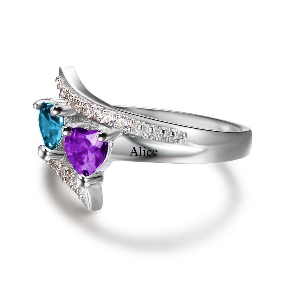 Promise Ring with 2 Heart Birthstones and Accents_Rings_2 Name, 2 Stone, Engagement, Featured, Girlfriend, Graduation, Heart, Inside Engraving, Memorial, New Baby, Promise, Promise Ring, Ring, Rings, Size 10, Size 5, Size 6, Size 7, Size 8, Size 9, Wife