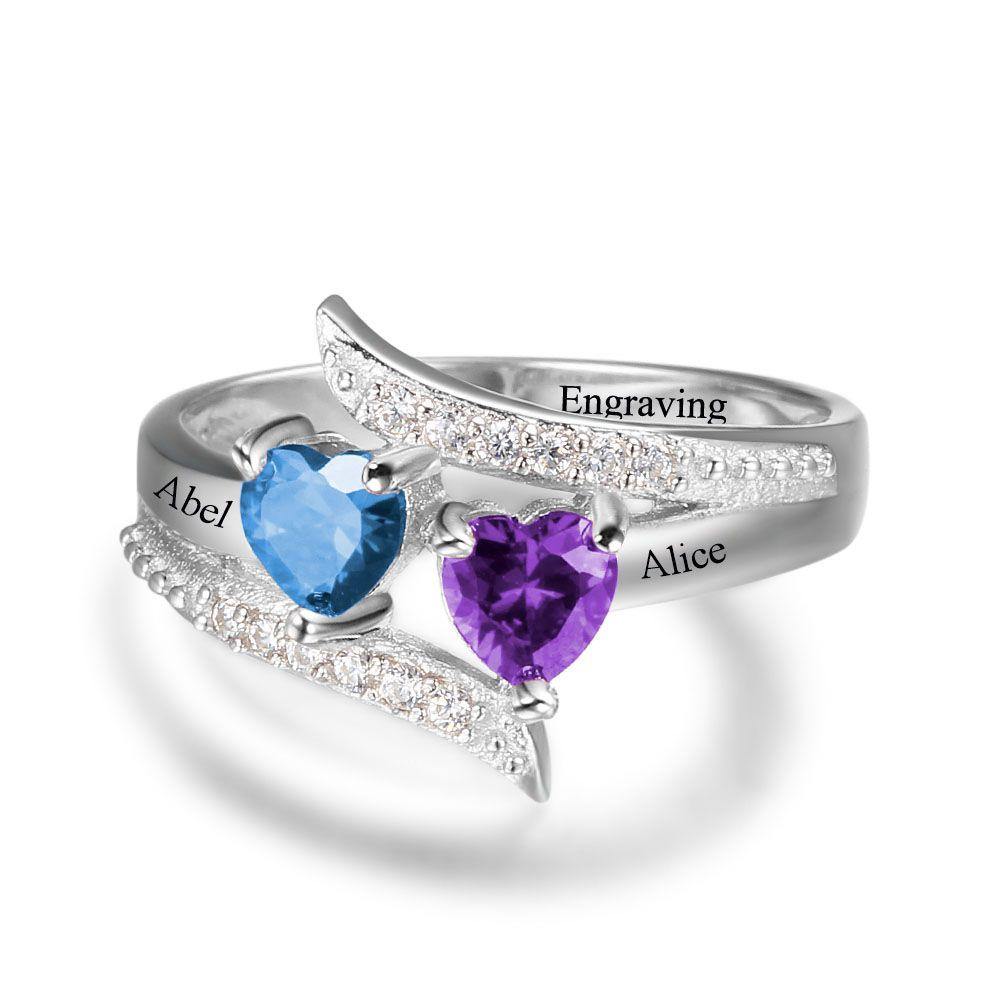 Promise Ring with 2 Heart Birthstones and Accents_Rings_2 Name, 2 Stone, Engagement, Featured, Girlfriend, Graduation, Heart, Inside Engraving, Memorial, New Baby, Promise, Promise Ring, Ring, Rings, Size 10, Size 5, Size 6, Size 7, Size 8, Size 9, Wife