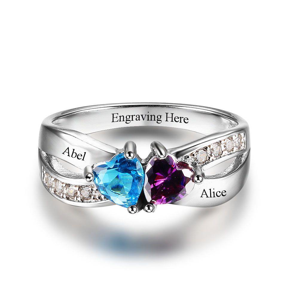 Promise Ring with 2 Heart Birthstones and Criss Cross with Accents_Rings_2 Name, 2 Stone, Engagement, Featured, Graduation, Heart, Memorial, Mom, Mom Ring, Mother's Ring, New Baby, Promise, Promise Ring, Ring, Rings, Size 6, Size 7, Size 8, Size 9, Wife