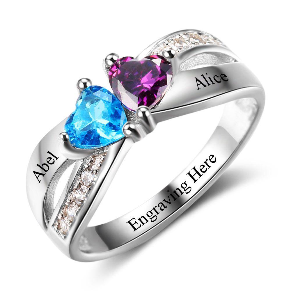 Promise Ring with 2 Heart Birthstones and Criss Cross with Accents_Rings_2 Name, 2 Stone, Engagement, Featured, Graduation, Heart, Memorial, Mom, Mom Ring, Mother&#39;s Ring, New Baby, Promise, Promise Ring, Ring, Rings, Size 6, Size 7, Size 8, Size 9, Wife