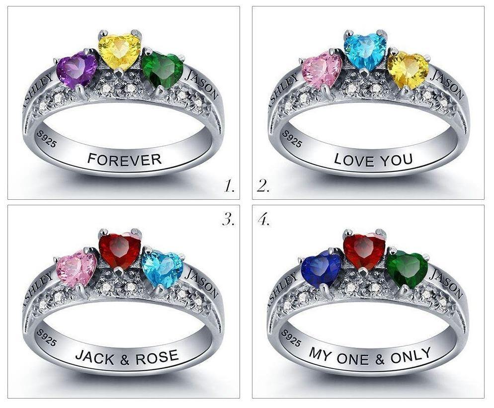 Promise Ring with 3 Heart Birthstones in Crown Arrangement_Rings_2 Name, 3 Stone, Accents, Aunt, Family Ring, Girlfriend, Graduation, Grandma, Heart, Inside Engraving, Memorial, Mom, Mom Ring, Mother&#39;s Ring, Ring, Rings, Size 6, Size 7, Size 8, Size 9, Wife