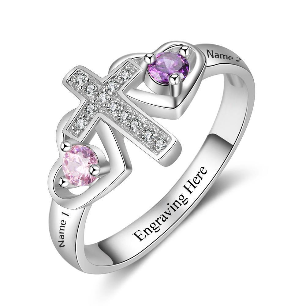 Religious Cross Ring with 2 Round Birthstones - PaulaMax Jewelry