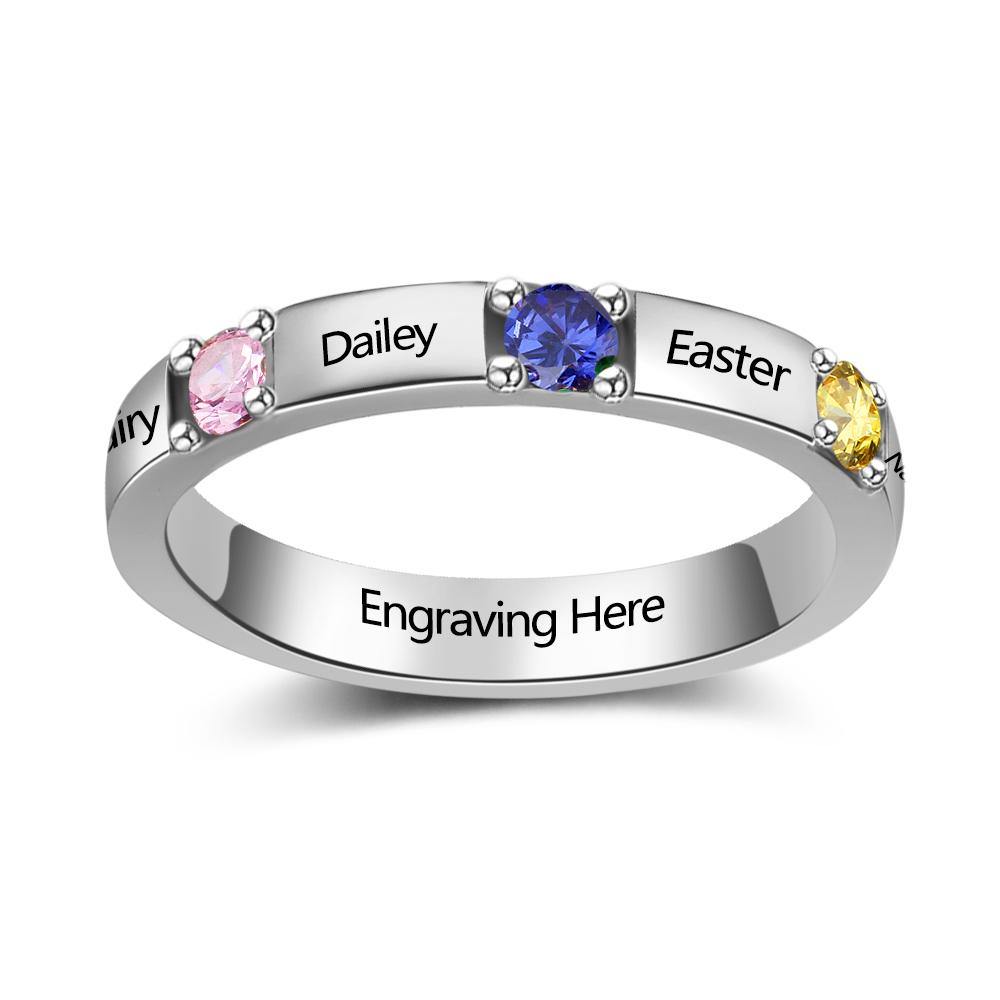 Sterling Silver 3 Round Stone 4 Names Birthstone Ring_Rings_3 Stone, 4 Name, Engagement, Family Ring, Girlfriend, Graduation, Grandma, Inside Engraving, Mom, Mom Ring, Mother&#39;s Ring, New Baby, No Accents, Promise Ring, Ring, Rings, Round, Size 6, Size 7, Size 8, Size 9, Wife