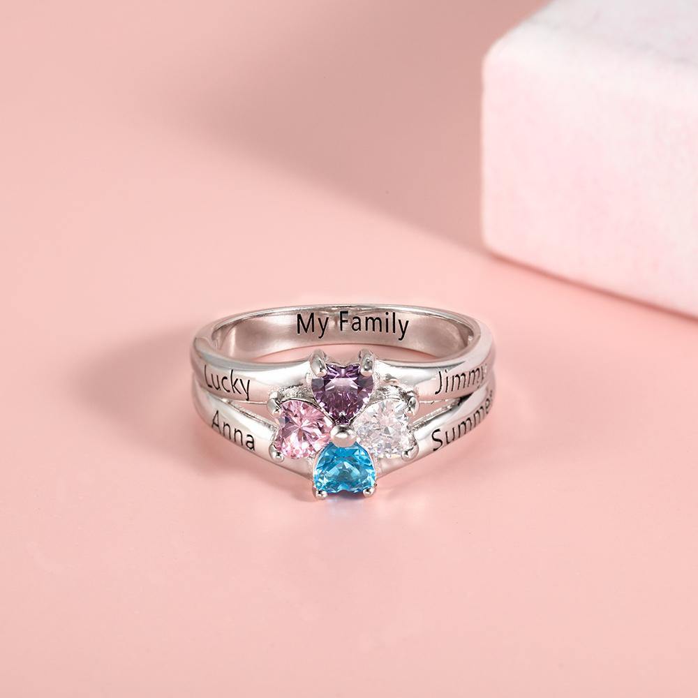 Sterling Silver 4 Heart Clover Top to Bottom Birthstone Ring_Rings_4 Name, 4 Stone, Aunt, Family Ring, Featured, Girlfriend, Grandma, Heart, Inside Engraving, Memorial, Mom, Mom Ring, Mother&#39;s Ring, New, New Baby, No Accents, Ring, Rings, Size 10, Size 11, Size 5, Size 6, Size 7, Size 8, Size 9, Wife