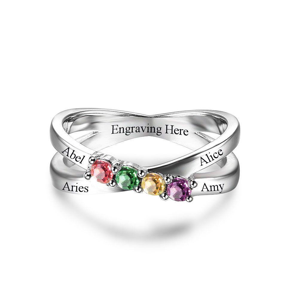 Sterling Silver 4 Round Stone 4 Name Criss Cross Birthstone Ring_Rings_4 Name, 4 Stone, Aunt, Family Ring, Girlfriend, Grandma, Inside Engraving, Memorial, Mom, Mom Ring, Mother&#39;s Ring, New Baby, Ring, Rings, Round, Size 10, Size 5, Size 6, Size 7, Size 8, Size 9, Wife