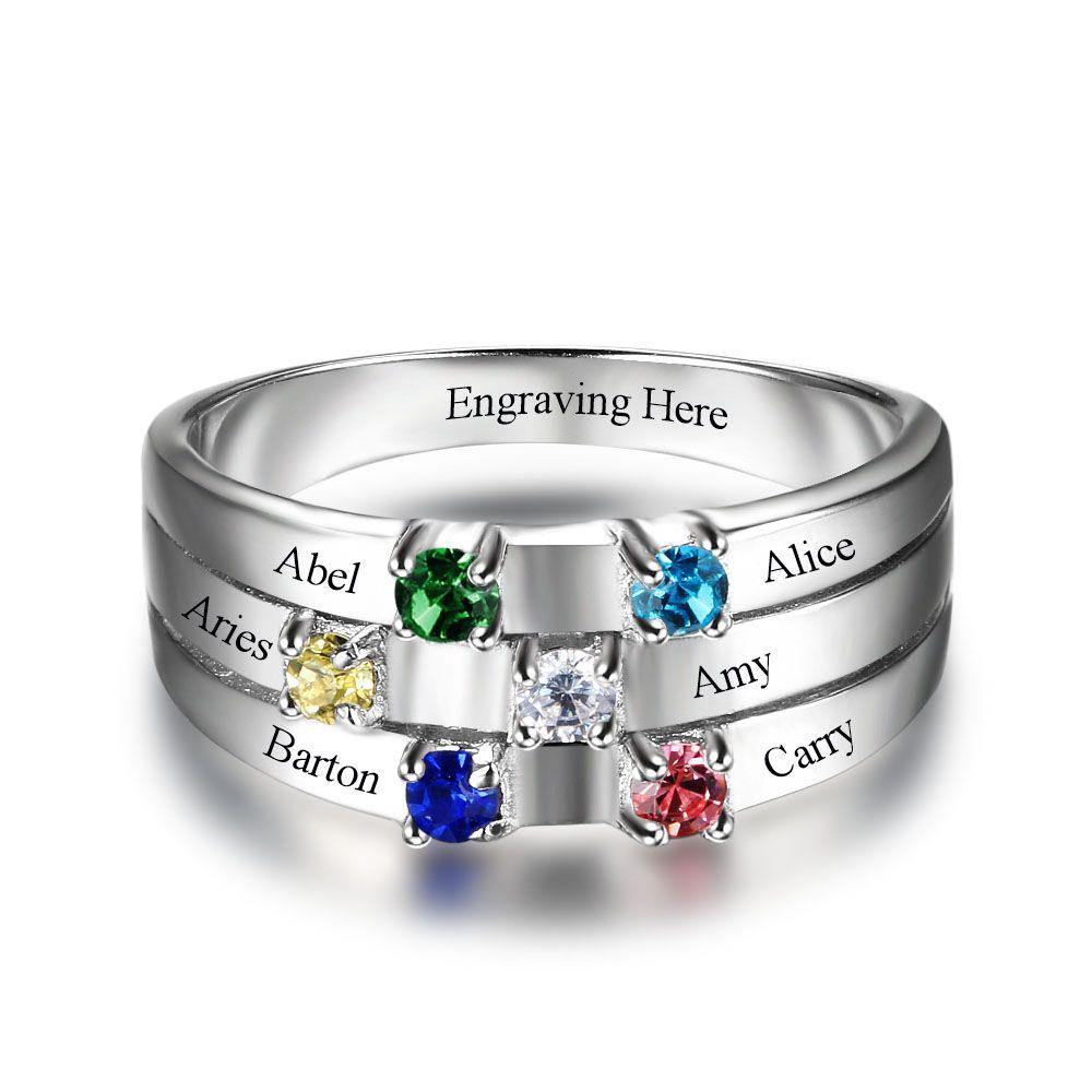 Dolce Valentina Sterling Silver Mother's Family Ring – 6 Birthstones & 6 Names Engraved – Personalised Keepsake Gift