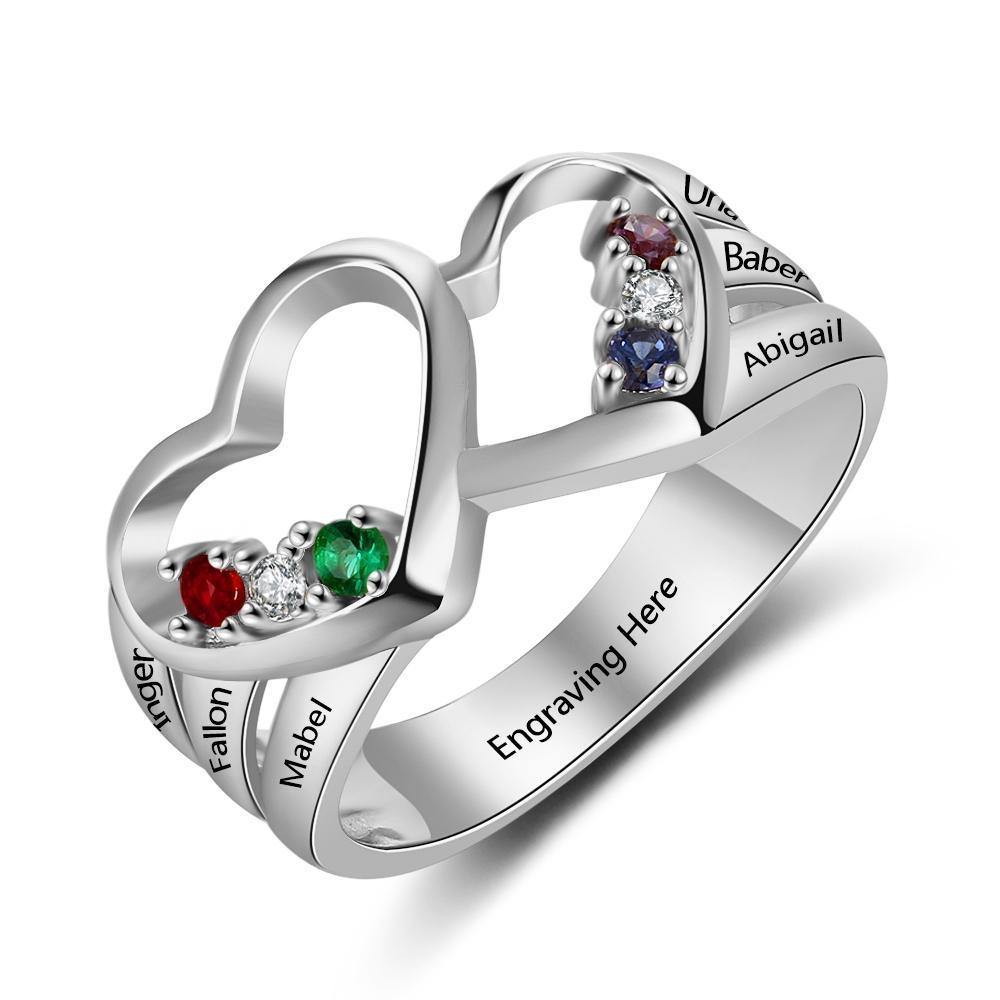 Sterling Silver Double Hollow Heart 6 Round Birthstones Ring_Rings_6 Name, 6 Stone, Aunt, Family Ring, Grandma, Inside Engraving, Mom, Mom Ring, Mother's Ring, New, No Accents, Ring, Rings, Round, Size 6, Size 7, Size 8, Size 9, Wife