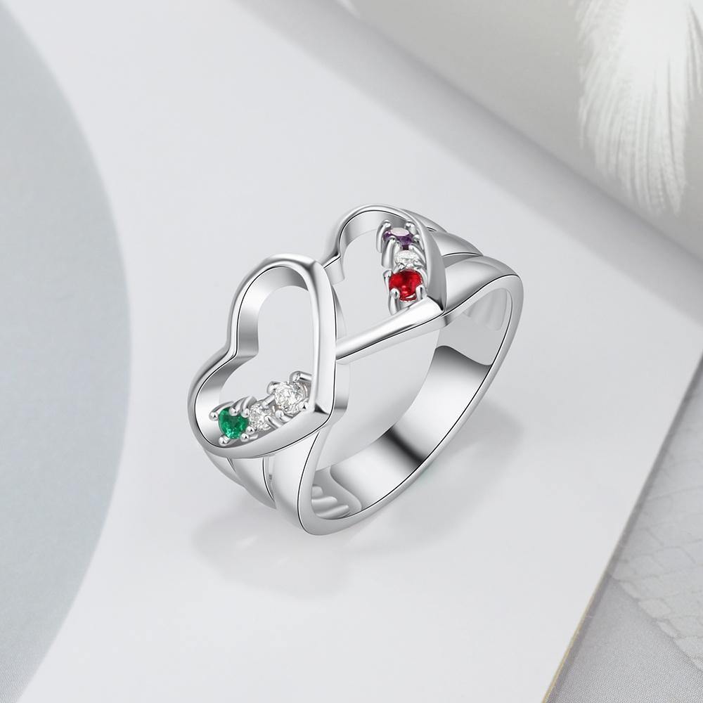Sterling Silver Double Hollow Heart 6 Round Birthstones Ring_Rings_6 Name, 6 Stone, Aunt, Family Ring, Grandma, Inside Engraving, Mom, Mom Ring, Mother&#39;s Ring, New, No Accents, Ring, Rings, Round, Size 6, Size 7, Size 8, Size 9, Wife