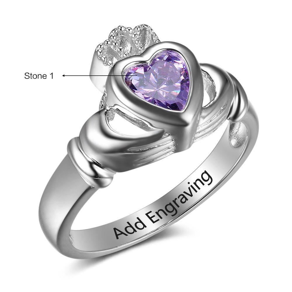 Sterling Silver Irish Claddagh Ring with 1 Big Heart Birthstone_Rings_1 Stone, Engagement, Girlfriend, Graduation, Heart, Inside Engraving, Memorial, New, No Accents, No Name, Promise, Promise Ring, Religious, Ring, Rings, Size 6, Size 7, Size 8, Size 9