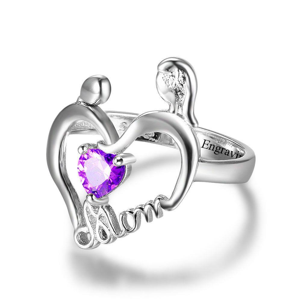 Sterling Silver Mom and Child 1 Birthstone Ring_Rings_1 Stone, Family Ring, Girlfriend, Heart, Inside Engraving, Memorial, Mom, Mom Ring, Mother&#39;s Ring, New, No Accents, No Name, Ring, Rings, Size 6, Size 7, Size 8, Size 9, Wife